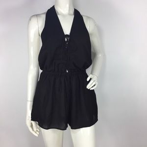 Elan Halter Lace Up Front Romper Cover Up